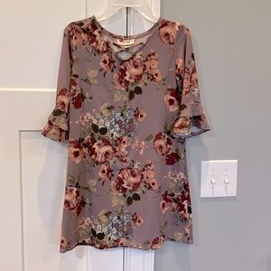 Girls Dress Size Large Purple Pink Flowers 3/4 Ruffle Sleeve Poof! Girl
